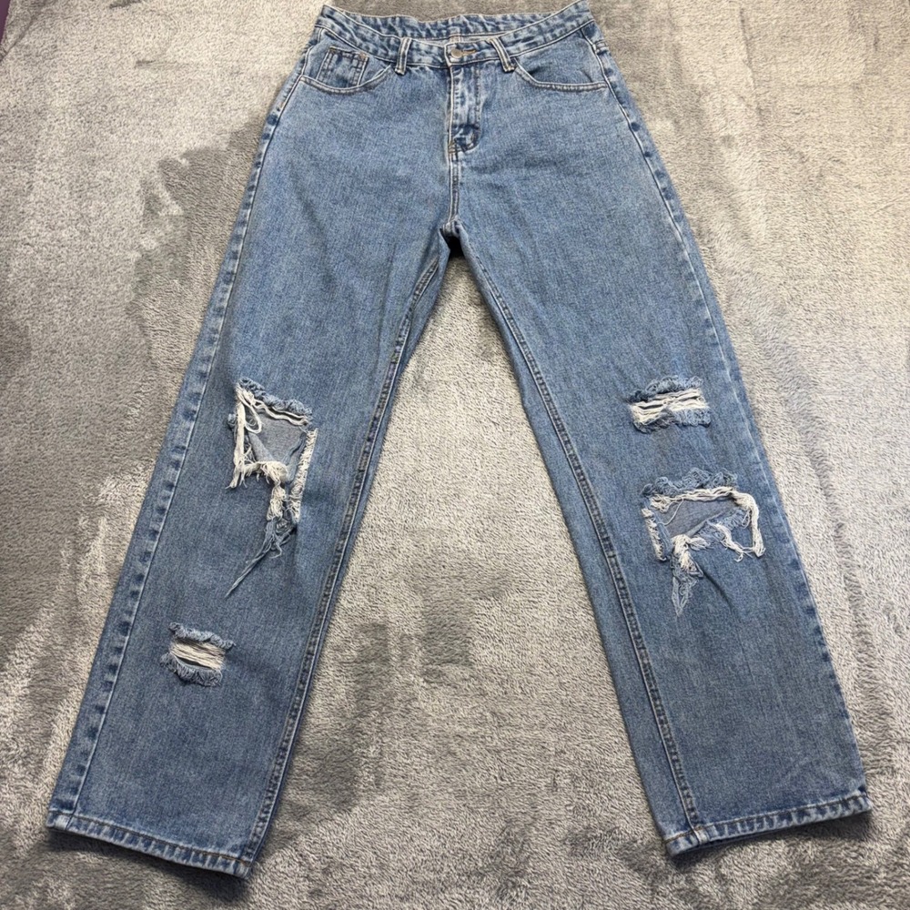 SHEIN Jeans Women Size M Blue Good Distressed Ripped Straight Leg Denim Pants
